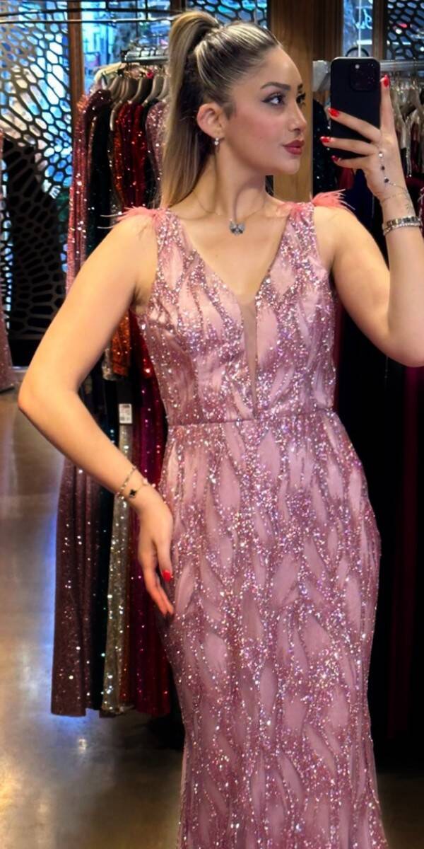 Rose Thick Strap Feather Detailed Straight Cut Glitter Long Evening Dress 7530 - 2