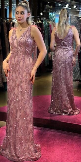 Rose Thick Strap Feather Detailed Straight Cut Glitter Long Evening Dress 7530 - 3