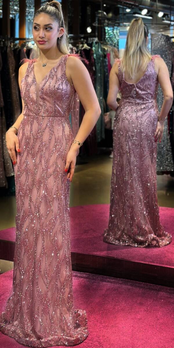 Rose Thick Strap Feather Detailed Straight Cut Glitter Long Evening Dress 7530 - 3