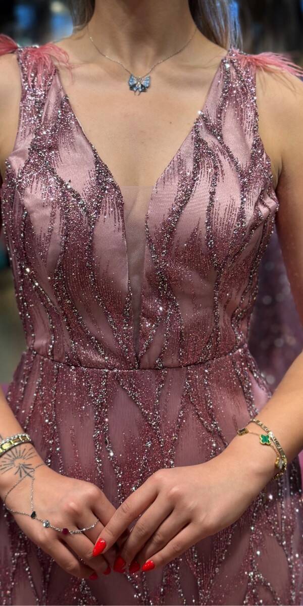 Rose Thick Strap Feather Detailed Straight Cut Glitter Long Evening Dress 7530 - 4