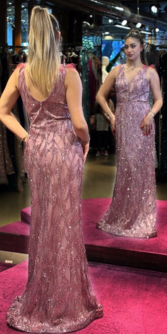 Rose Thick Strap Feather Detailed Straight Cut Glitter Long Evening Dress 7530 - 5