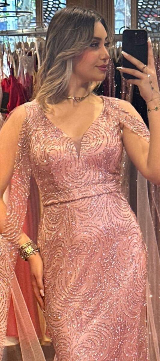 Rose Thick Strap Straight Cut Glitter Long Evening Dress 7552 - 2