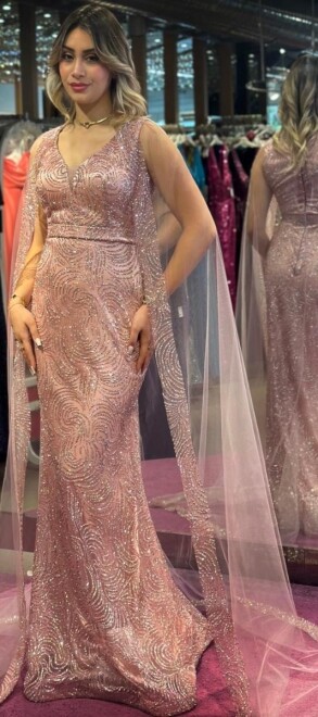 Rose Thick Strap Straight Cut Glitter Long Evening Dress 7552 - 3