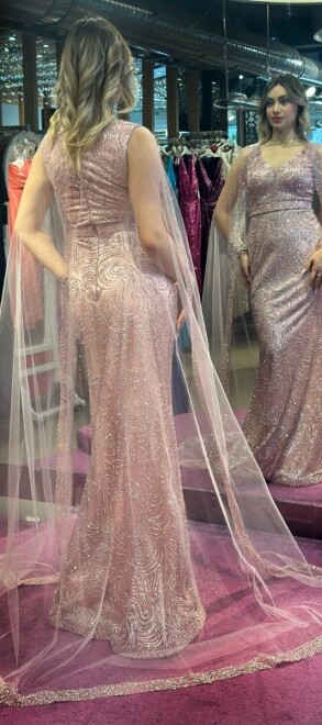 Rose Thick Strap Straight Cut Glitter Long Evening Dress 7552 - 5