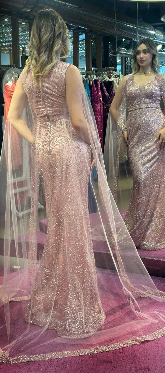 Rose Thick Strap Straight Cut Glitter Long Evening Dress 7552 - 5