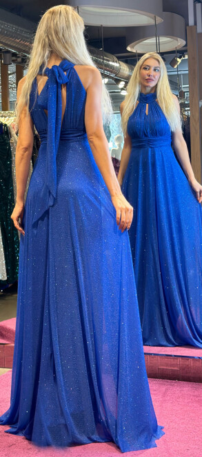 Saxe Blue Belted Low-Cut Back Flared Skirt Glitter Fabric Long Evening Dress 6646 - 5