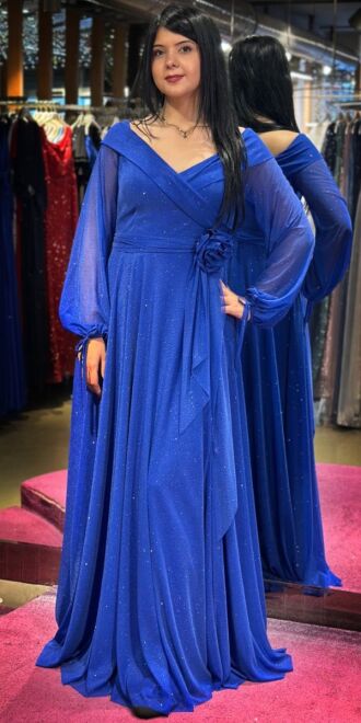 Saxe Blue Long Sleeve Floral Detailed Flared Skirt Glitter Long Evening Dress 7656 