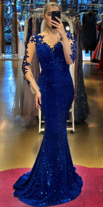 Saxe Blue Long Sleeve Mermaid Skirt Velvet Sequin Long Evening Dress 7192 