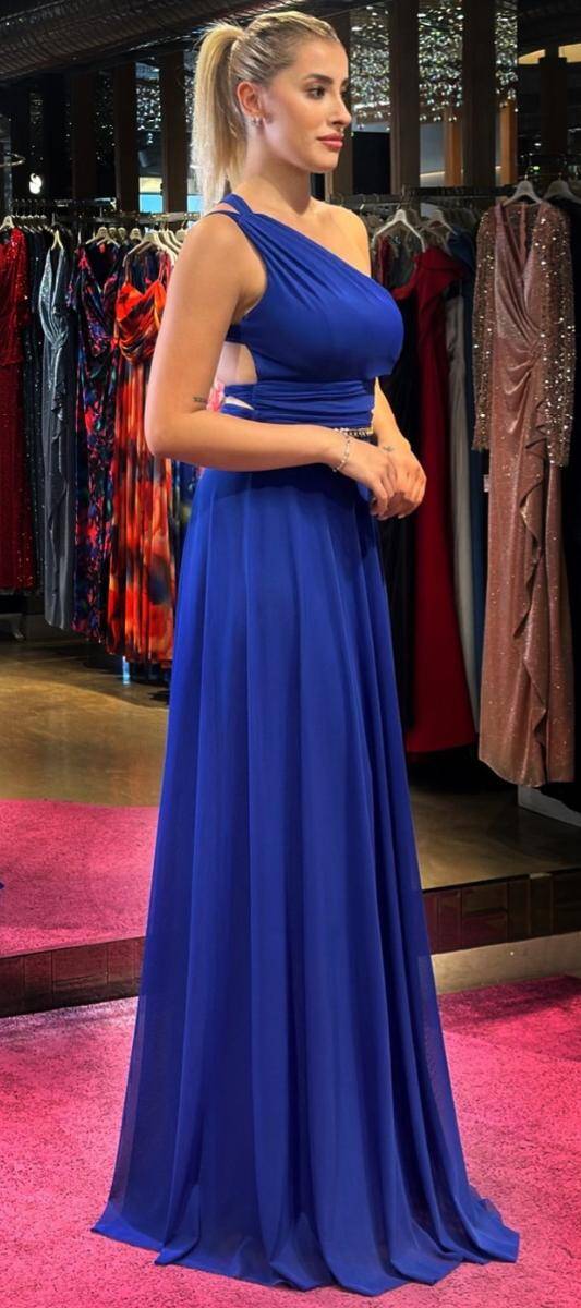 Saxe Blue One Shoulder Chain Detailed Low-Cut Back Flared Skirt Tulle Long Evening Dress 7436 - 3
