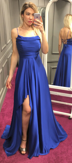 Saxe Blue Spaghetti Strap Slit Flared Skirt Satin Long Evening Dress 7234 - 1
