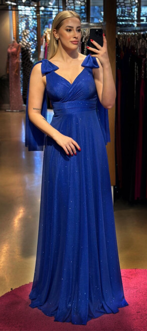 Saxe Blue Thick Strap Flared Skirt Glitter Fabric Long Evening Dress 7557 - abiyeniall