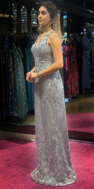 Silver Thick Strap Straight Cut Glitter Long Evening Dress 7595 - 3