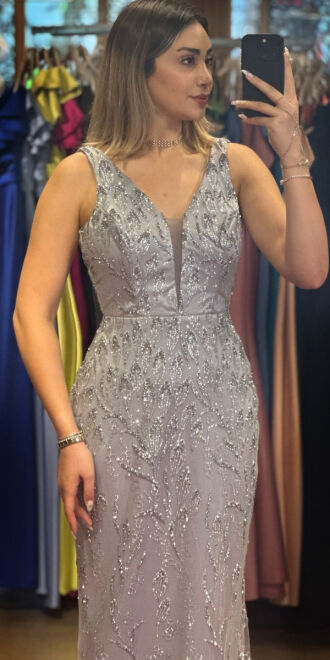 Silver Thick Strap Straight Cut Glitter Long Evening Dress 7595 - 2