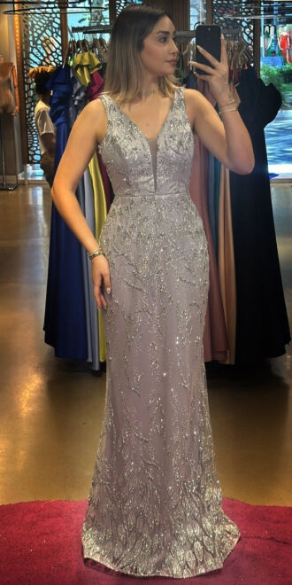 Silver Thick Strap Straight Cut Glitter Long Evening Dress 7595 - 1