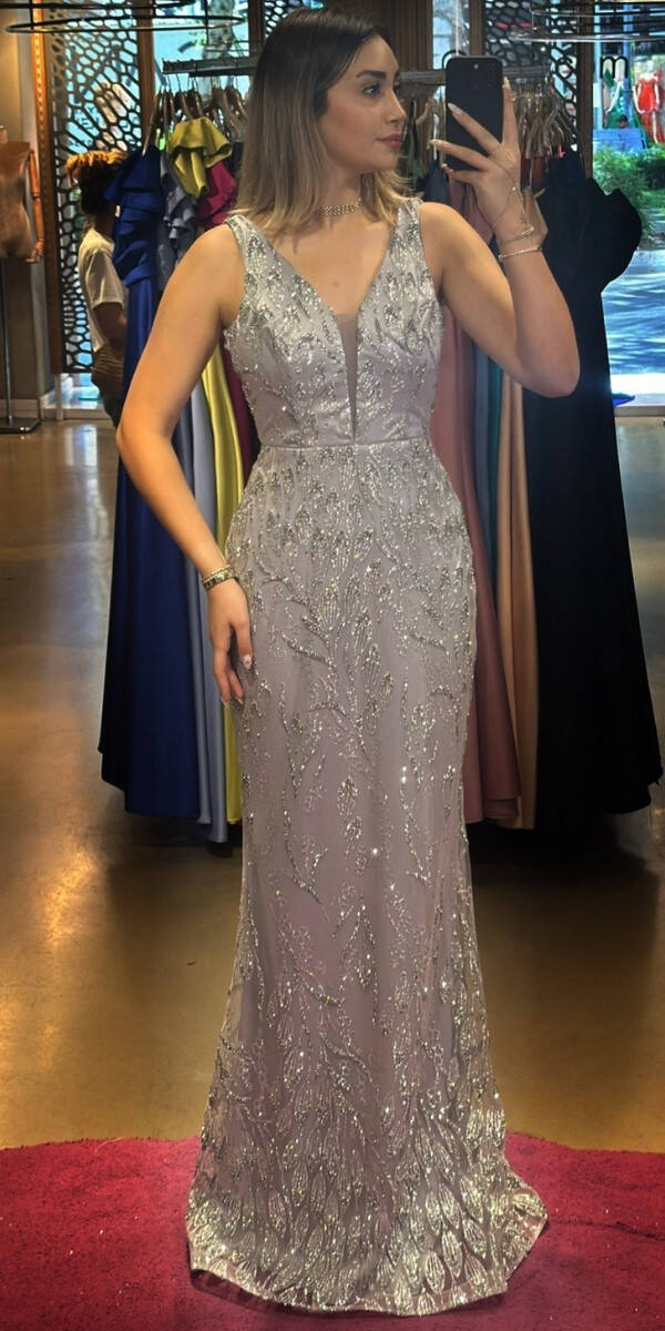 Silver Thick Strap Straight Cut Glitter Long Evening Dress 7595 - 1