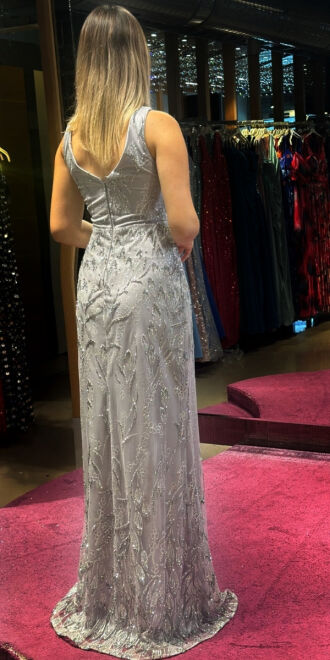 Silver Thick Strap Straight Cut Glitter Long Evening Dress 7595 - 5