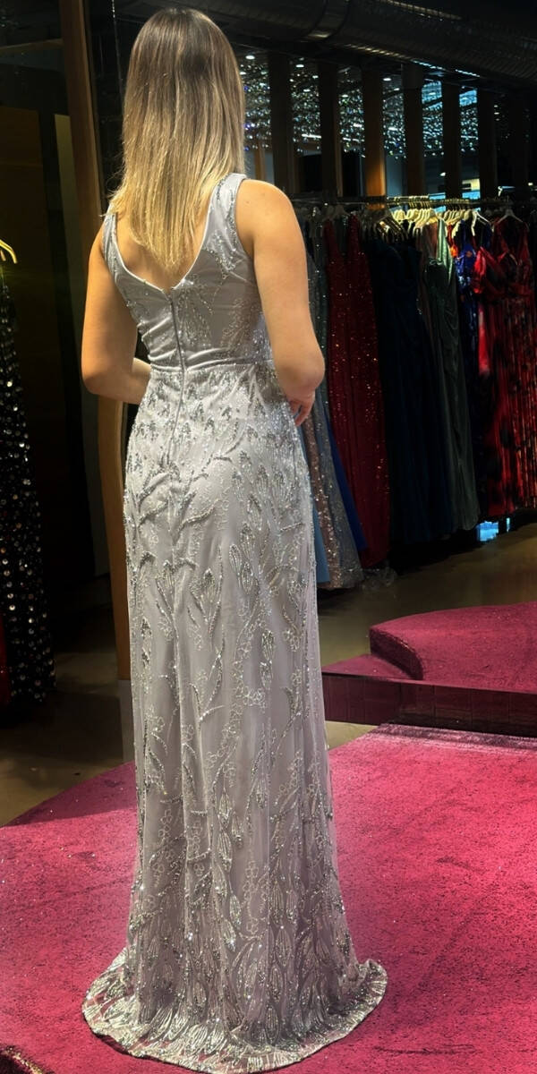 Silver Thick Strap Straight Cut Glitter Long Evening Dress 7595 - 5