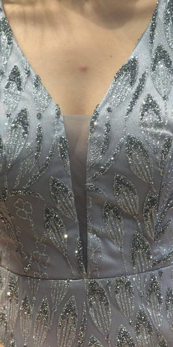 Silver Thick Strap Straight Cut Glitter Long Evening Dress 7595 - 4