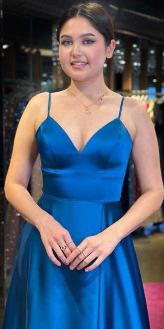 Turquoise Spaghetti Strap Low-Cut Back Wrap Slit Flared Skirt Satin Long Evening Dress 6777 - 2
