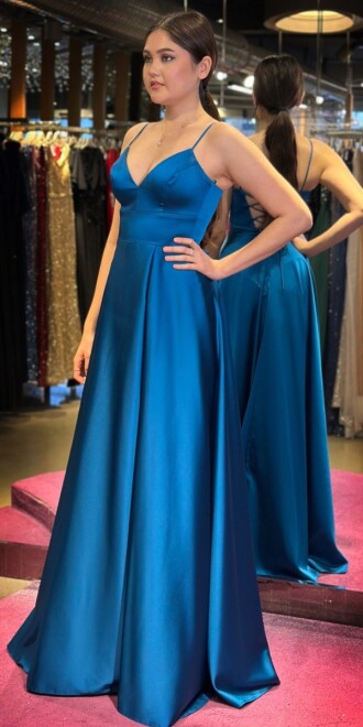 Turquoise Spaghetti Strap Low-Cut Back Wrap Slit Flared Skirt Satin Long Evening Dress 6777 - 3