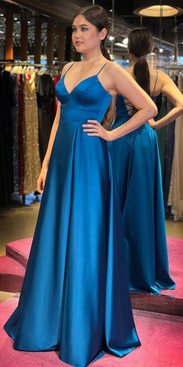Turquoise Spaghetti Strap Low-Cut Back Wrap Slit Flared Skirt Satin Long Evening Dress 6777 - 3