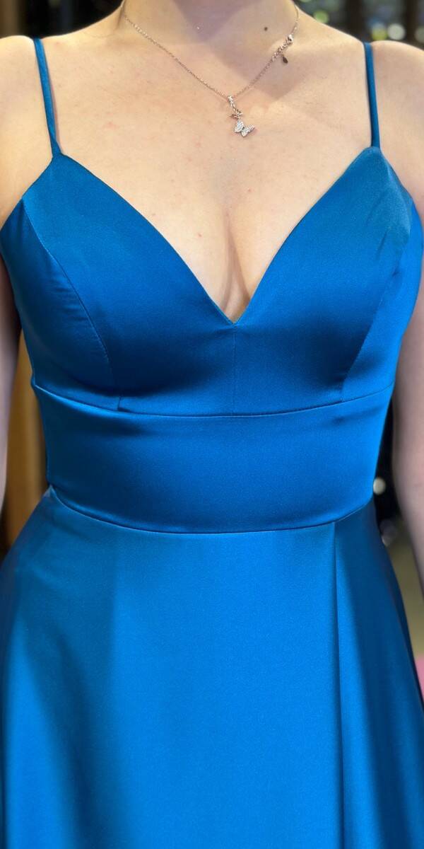 Turquoise Spaghetti Strap Low-Cut Back Wrap Slit Flared Skirt Satin Long Evening Dress 6777 - 4