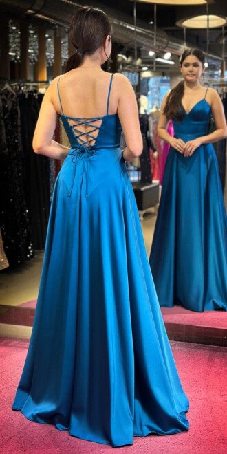 Turquoise Spaghetti Strap Low-Cut Back Wrap Slit Flared Skirt Satin Long Evening Dress 6777 - 5