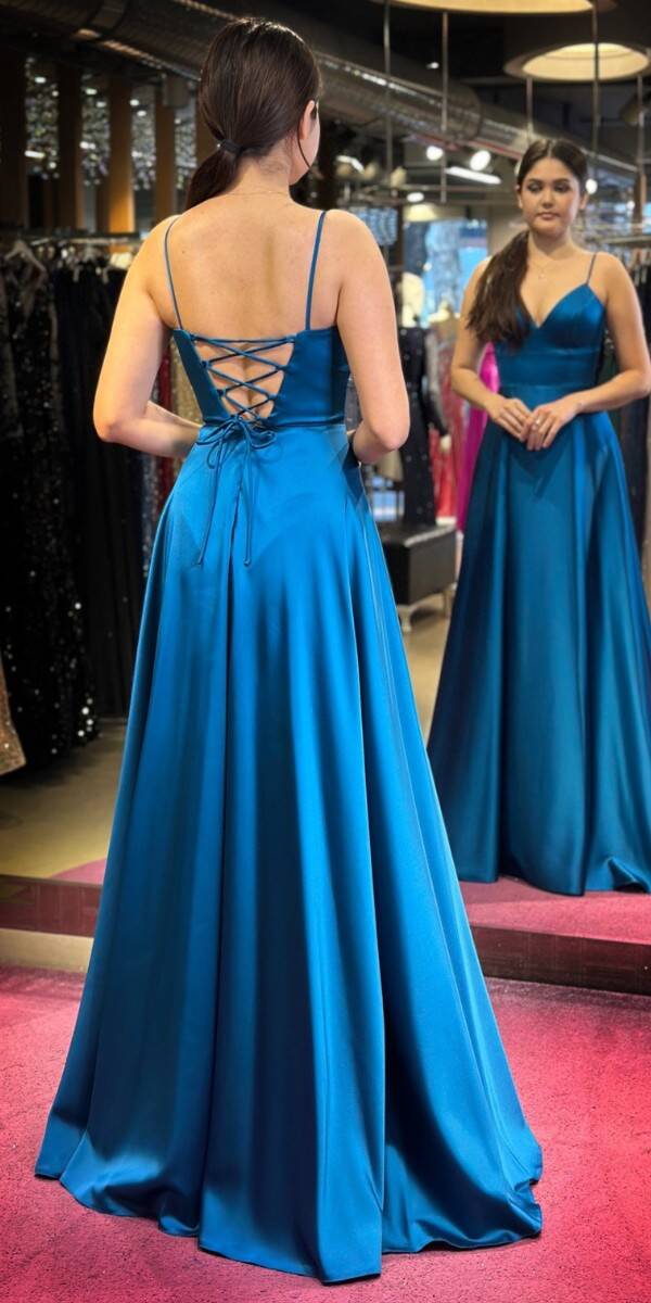 Turquoise Spaghetti Strap Low-Cut Back Wrap Slit Flared Skirt Satin Long Evening Dress 6777 - 5