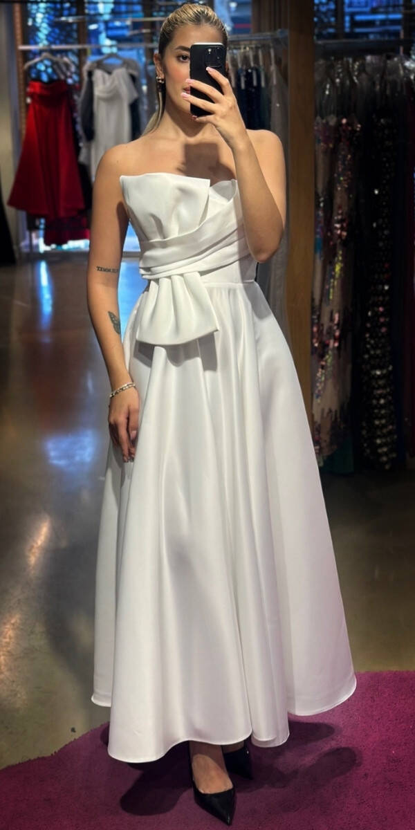 White Flared Skirt Satin Midi Evening Dress 7657 - 1