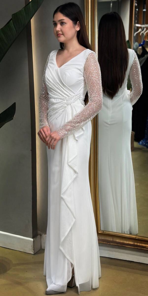 White Long Sleeve Beaded Slit Straight Cut Lycra Long Evening Dress 7674 - 3