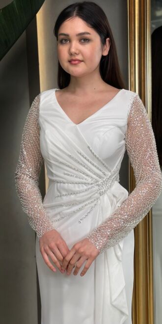 White Long Sleeve Beaded Slit Straight Cut Lycra Long Evening Dress 7674 - 2