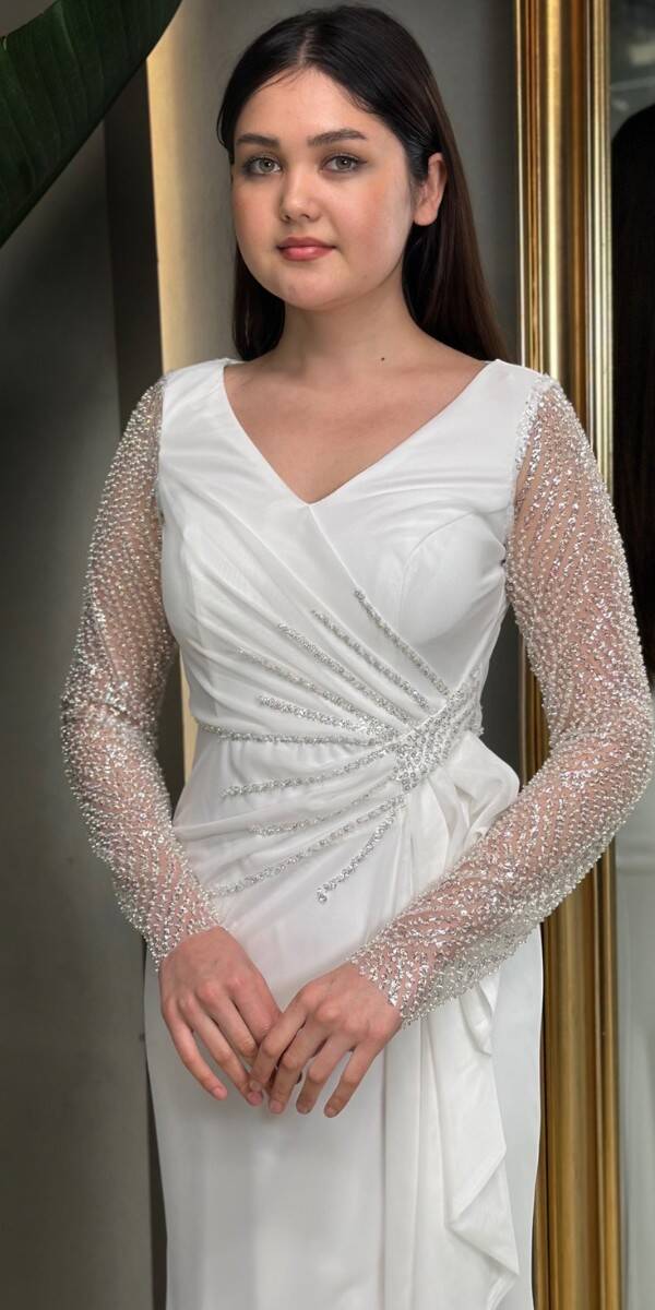 White Long Sleeve Beaded Slit Straight Cut Lycra Long Evening Dress 7674 - 2