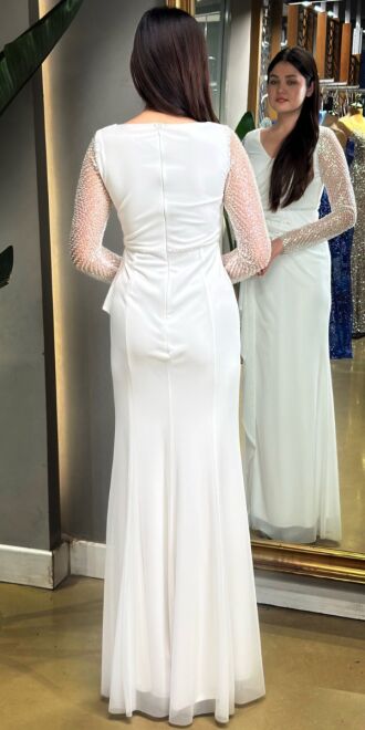 White Long Sleeve Beaded Slit Straight Cut Lycra Long Evening Dress 7674 - 5