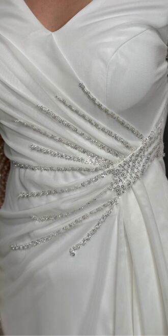 White Long Sleeve Beaded Slit Straight Cut Lycra Long Evening Dress 7674 - 4