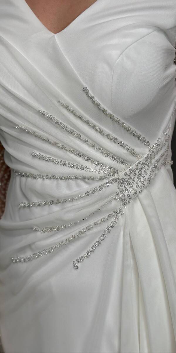 White Long Sleeve Beaded Slit Straight Cut Lycra Long Evening Dress 7674 - 4