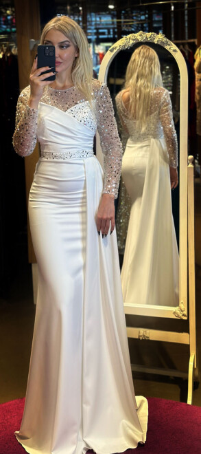 White Long Sleeve Belted Mermaid Skirt Crepe Long Evening Dress 7440 