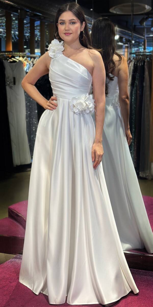 White One Shoulder Floral Detailed Flared Skirt Satin Long Evening Dress 7659 - 1
