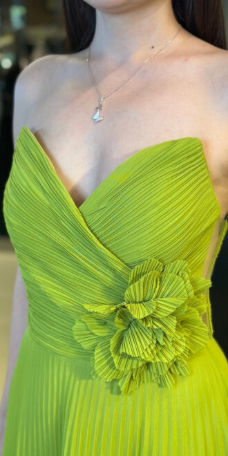 Fıstık Yeşili Straplez Yaka Çiçek Detaylı Kloş Etekli Tül Uzun Abiye Elbise 11003 - 4