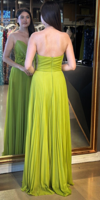 Fıstık Yeşili Straplez Yaka Çiçek Detaylı Kloş Etekli Tül Uzun Abiye Elbise 11003 - 5