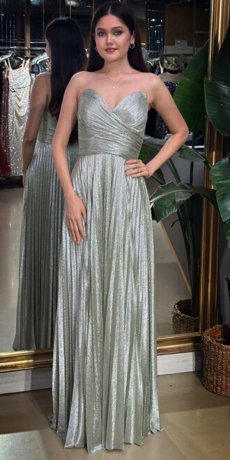 Fıstık Yeşili Straplez Yaka Kloş Etekli Jakarlı Uzun Abiye Elbise 11080-07 - abiyeniall