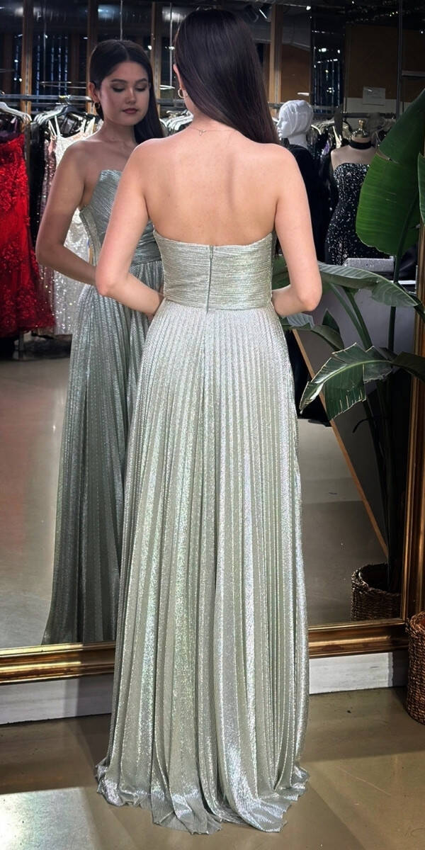 Fıstık Yeşili Straplez Yaka Kloş Etekli Jakarlı Uzun Abiye Elbise 11080-07 - 5