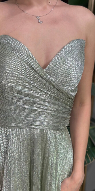 Fıstık Yeşili Straplez Yaka Kloş Etekli Jakarlı Uzun Abiye Elbise 11080-07 - 4