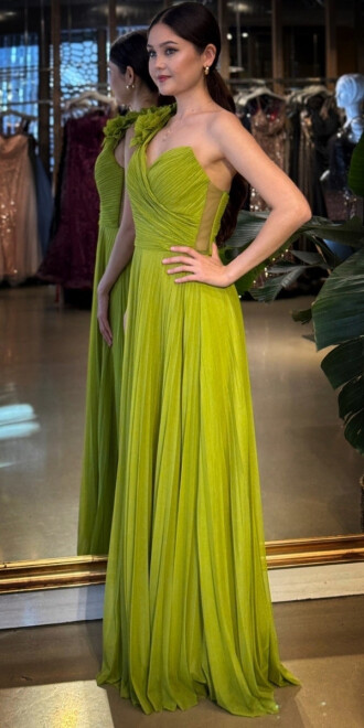 Fıstık Yeşili Tek Omuzlu Kloş Etekli Şifon Tül Uzun Abiye Elbise 11081-03 - 2