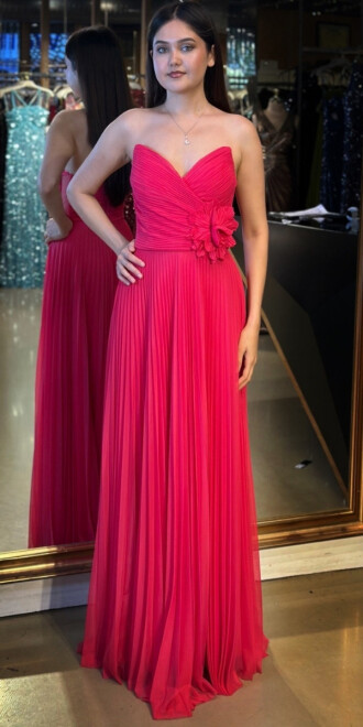 Fuşya Straplez Yaka Çiçek Detaylı Kloş Etekli Tül Uzun Abiye Elbise 11003 - abiyeniall