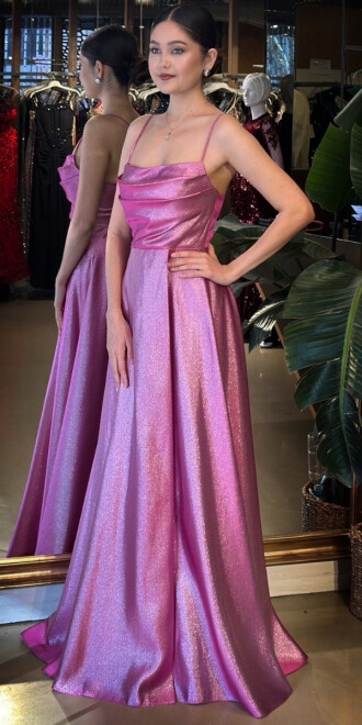 Fuşya Degaje Yaka İp Askılı Sırt Dekolteli Kloş Etekli Saten Uzun Abiye Elbise 11104-02 - 2