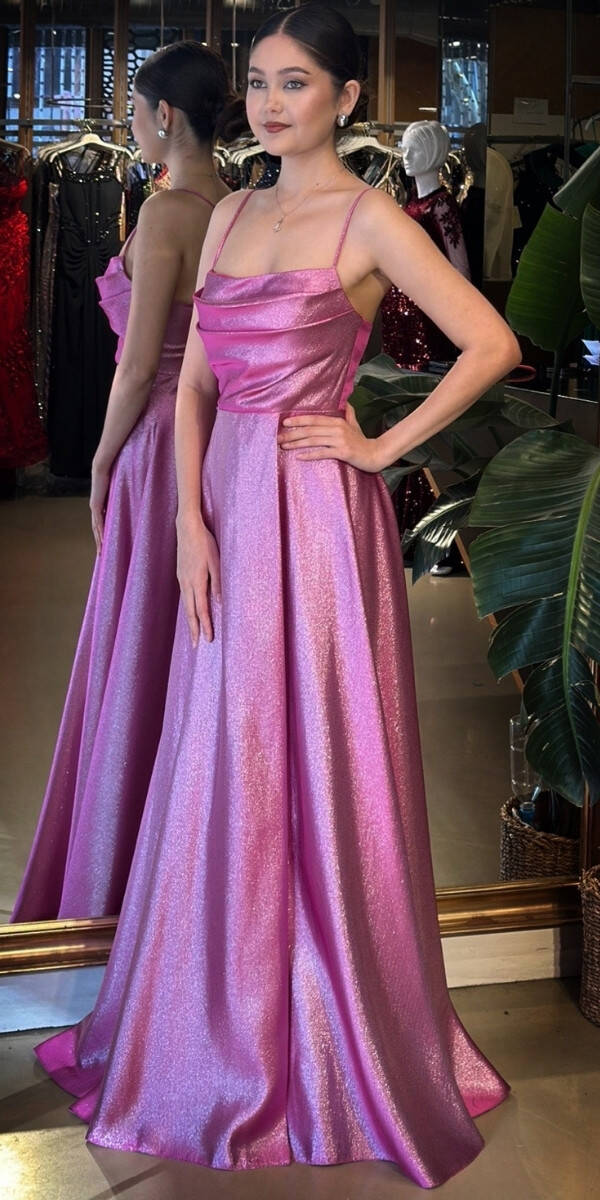 Fuşya Degaje Yaka İp Askılı Sırt Dekolteli Kloş Etekli Saten Uzun Abiye Elbise 11104-02 - 2