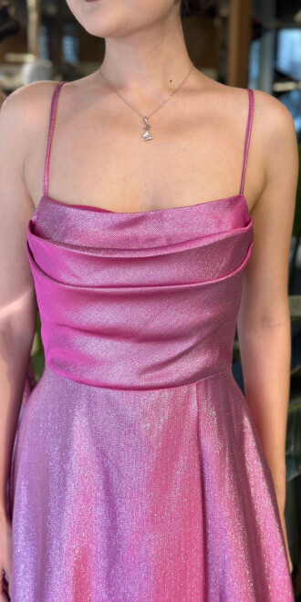 Fuşya Degaje Yaka İp Askılı Sırt Dekolteli Kloş Etekli Saten Uzun Abiye Elbise 11104-02 - 4