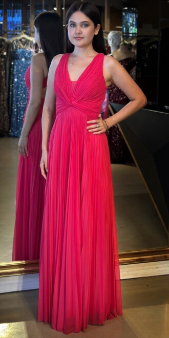 Fuşya Kalın Askı Sırt Dekolteli Kloş Etekli Şifon Tül Uzun Abiye Elbise 7645 - abiyeniall