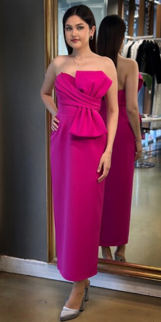 Fuşya Kurdele Detaylı Yırtmaçlı Düz Kesim Krep Midi Abiye Elbise 7720 - abiyeniall