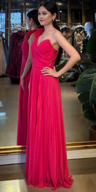 Fuşya Tek Omuzlu Kloş Etekli Şifon Tül Uzun Abiye Elbise 11081-01 - 2